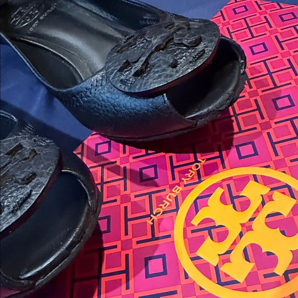 Tory Burch Black Peep Toe wedges, tumbled  leather, good condition, Sally 2